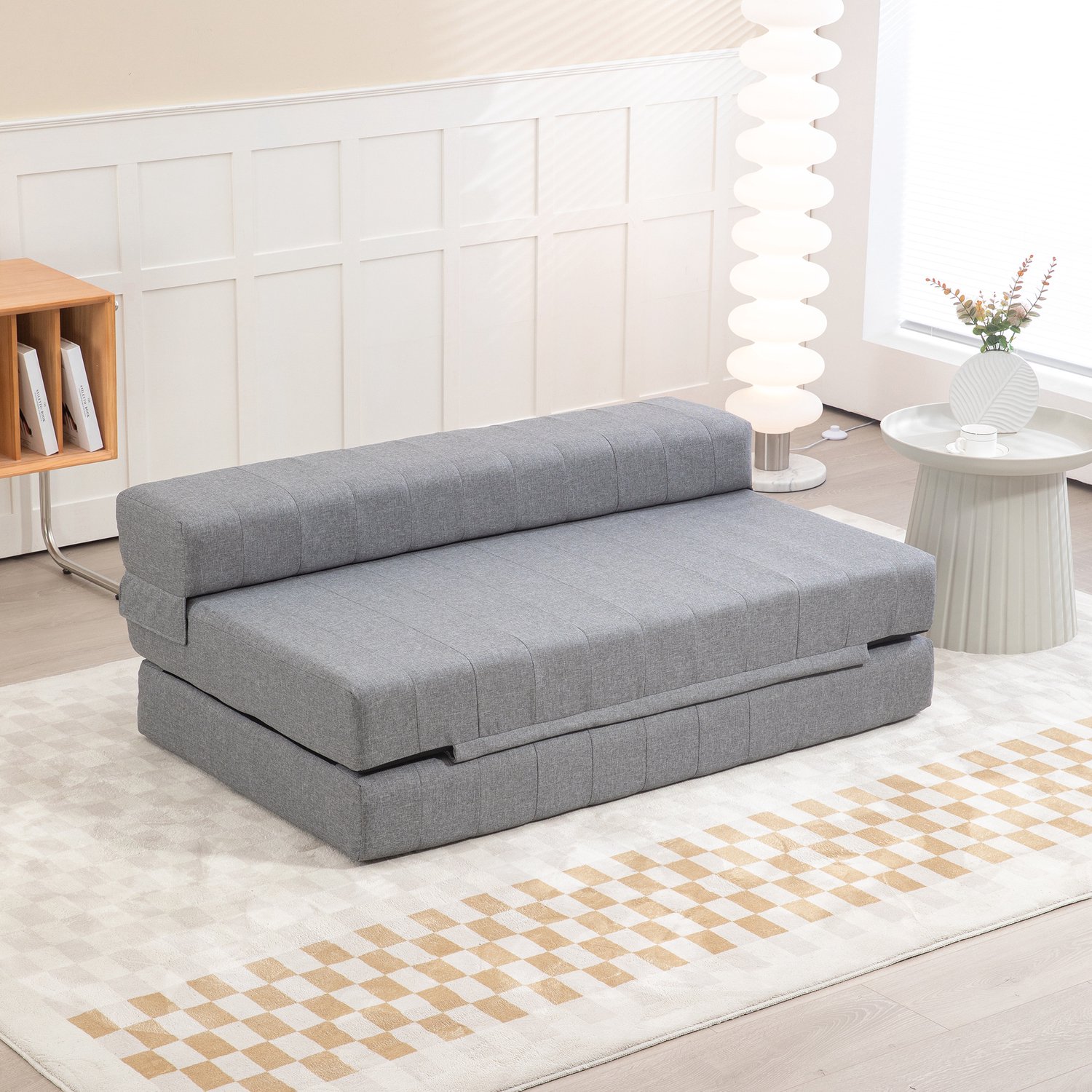 OKWISH Slaapbank 138 x 80 x 50 cm - Opklapbare Vloerbank voor Twee Personen - Afneembare Hoes - Woonkamer en Slaapkamer - Polyester - Grijs
