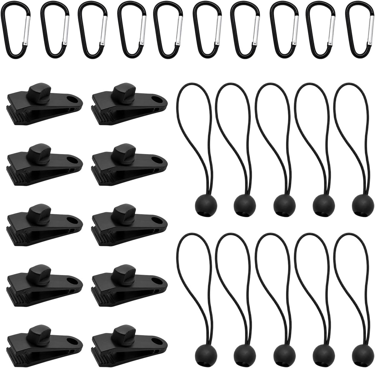 Set van 30 tarp clips met tentspankabels en karabijnhaken voor stevige bevestiging en bescherming