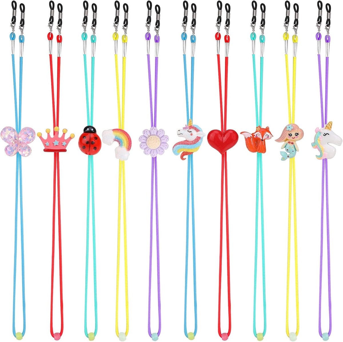 10 Pack Brilbanden voor Kinderen en Meisjes - Verstelbare Elastische Brilretainers met Ladybug, Zeemeermin en Eenhoorn Motieven, Ideaal als Masker Lanyard en Cord