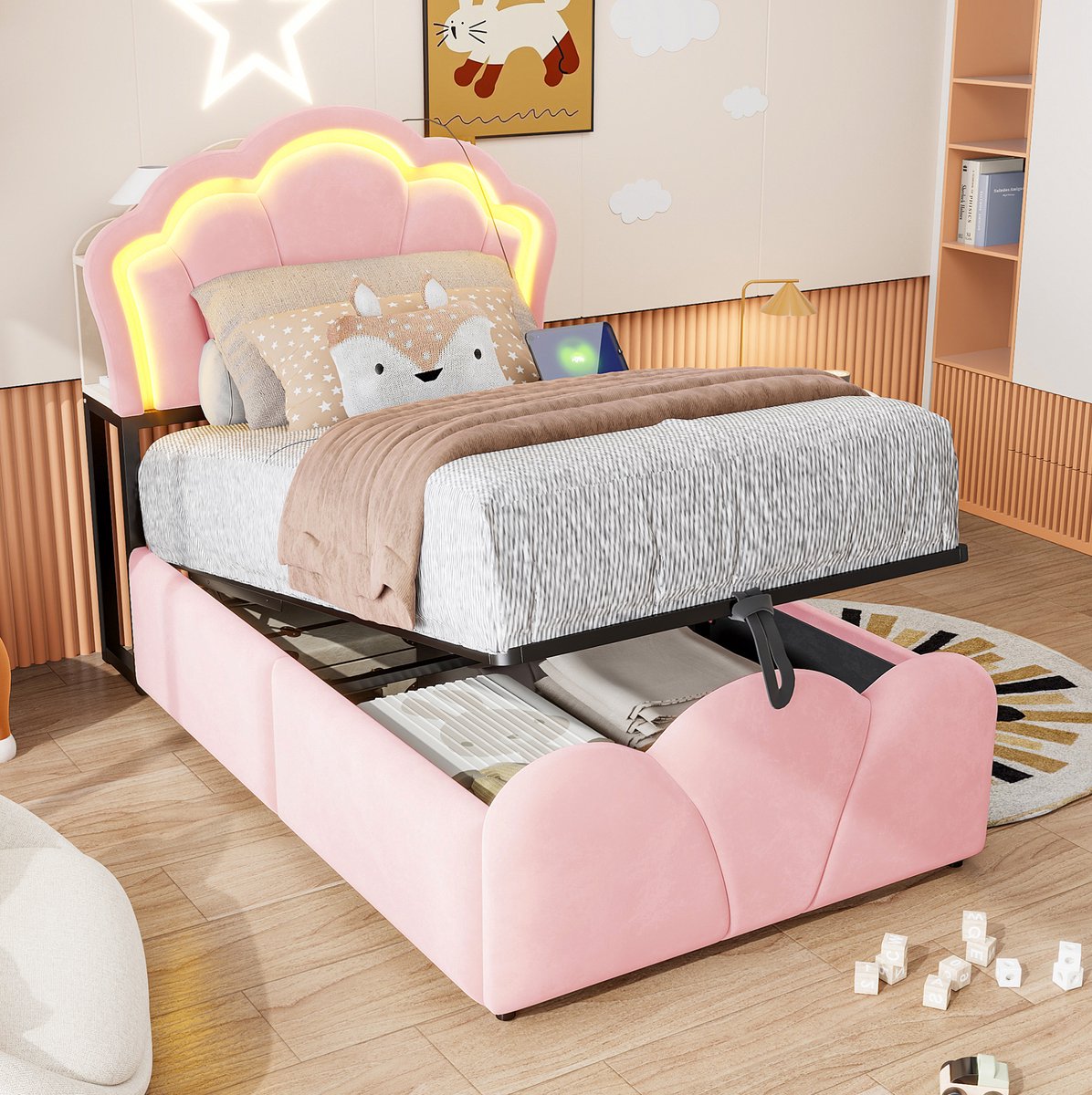 Gestoffeerd Bed 90x200 Cm Met Matras Zonder Matras - Bed Met Hydraulische Opbergruimte, LED Verlichting En Hoofdbordvakken - Bloemen Design - Stof - Roze