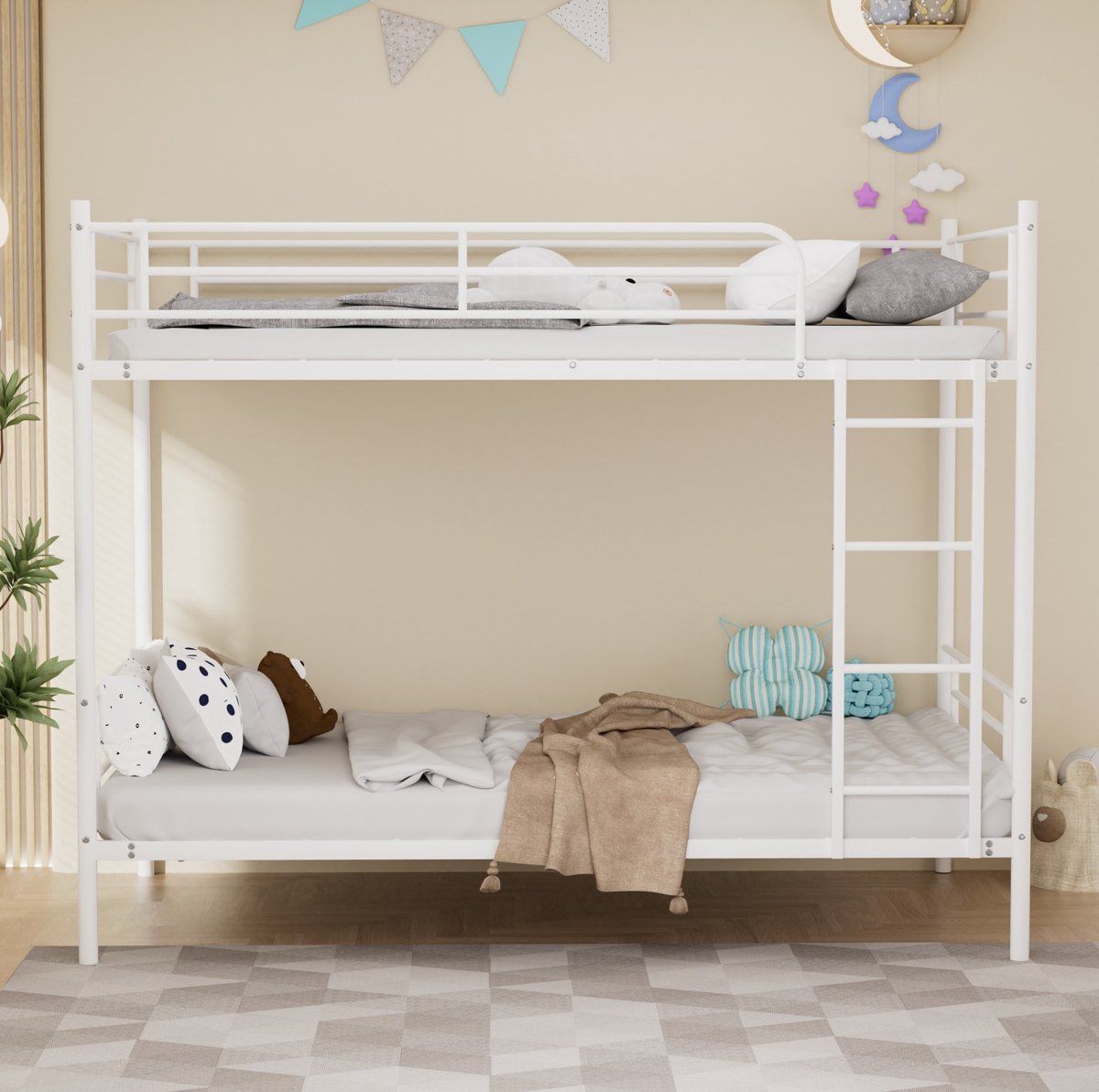 Stapelbed 90x190cm - Metalen Hoogslaper Met Klimladder En Hoge Valbeveiliging - Voor Kinderen - Wit - Zonder matras