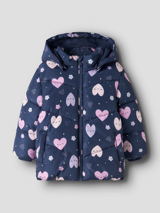 Donkerblauwe gewatteerde jas met roze hartjes- en bloemenprint, inclusief capuchon met ritssluiting.