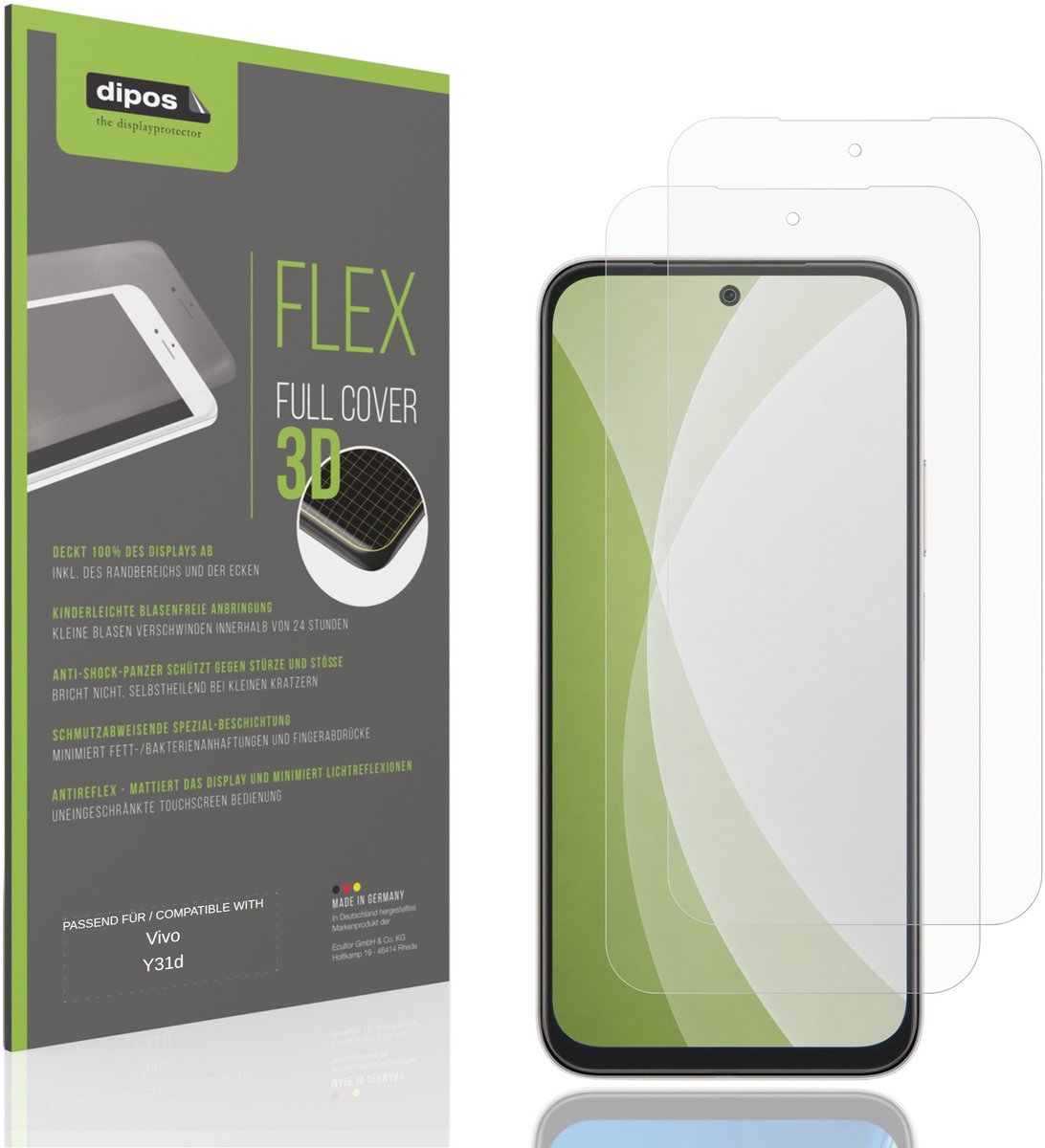 dipos FLEX – 2x Matte Screenprotector geschikt voor Vivo Y31d | Volledige Schermbescherming | Case-Friendly