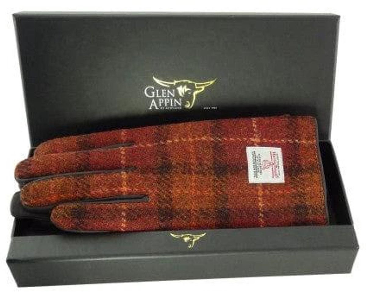 Dames Handschoenen Roestbruin Rood en Oranje ruit met Bruin Leer - Harris Tweed - Glen Appin of Scotland M