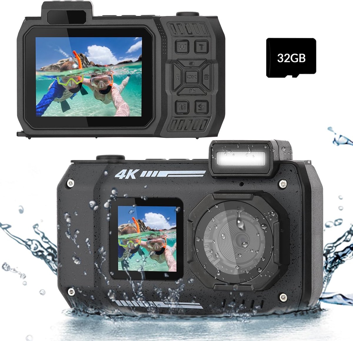10 meter onderwatercamera 4K 30FPS waterdichte digitale camera met dubbel scherm, ingebouwde selfie-functie en 2500 mAh batterij voor snorkelen, beginnende fotograaf - zwart - 32GB