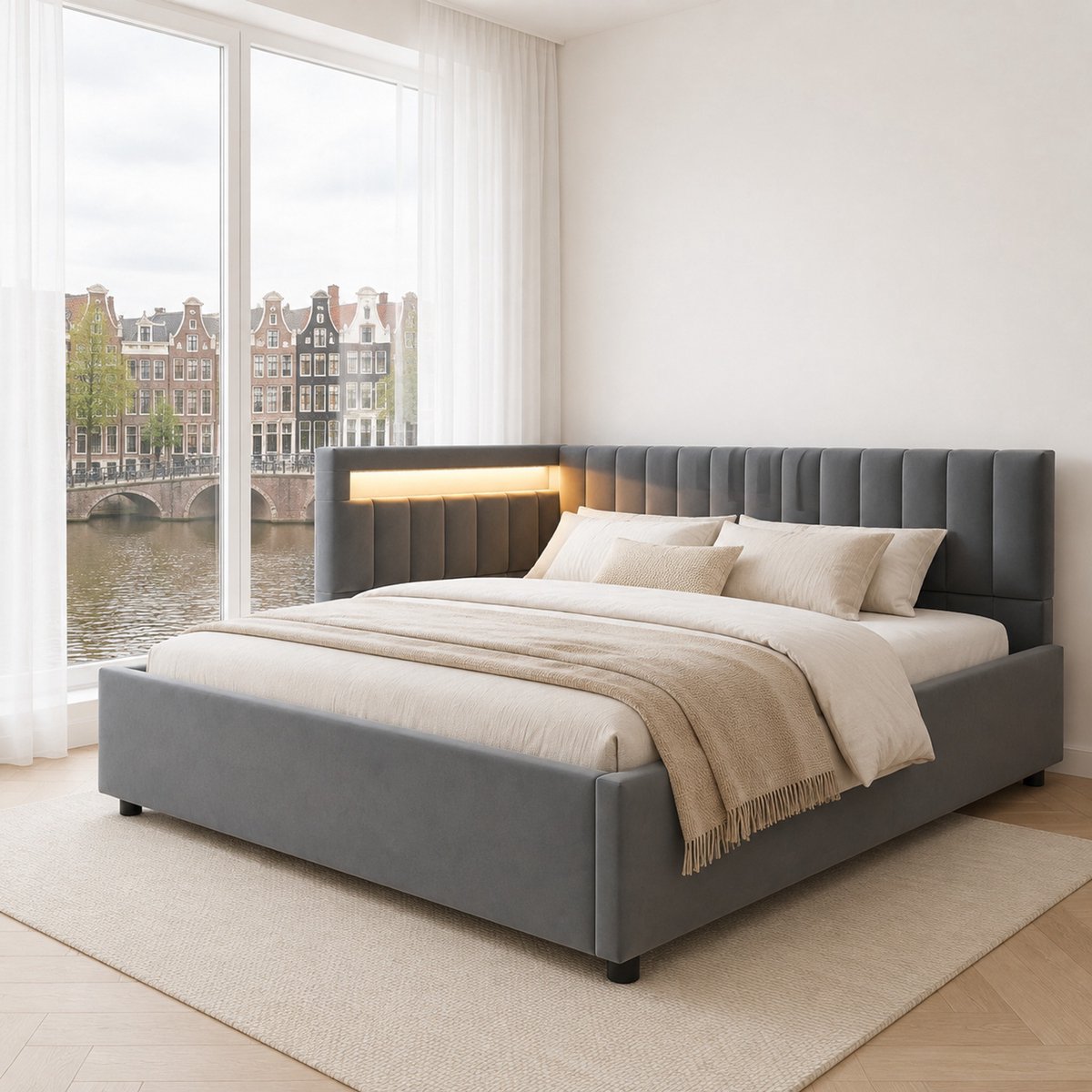 WUVRIE Polsterbett Schlafsofa 90x200 - Bedbank met LED-Beleuchtung, hydraulische Stauraum, Samtstof, Grau Grijs
