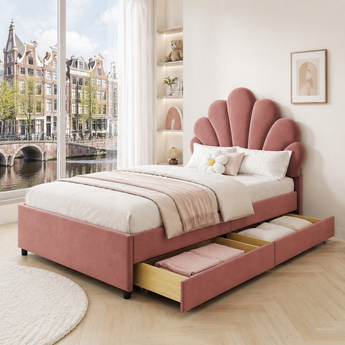 WUVRIE Kinderbed 90x200cm met bloemblaadjeskoptekst en 2 bedlades uit roze stof - Lattenbodem Pink
