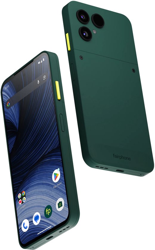 Twee Fairphone Forest Green smartphones, één met scherm aan, de ander met camera's zichtbaar.