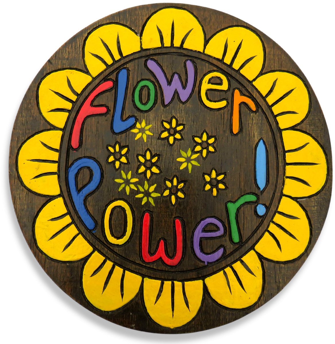 Rond "Flower Power" houten bord/plaquette - Flower Power Muur Opknoping in een Funky Psychedelisch Ontwerp (29cm - ShopVlot