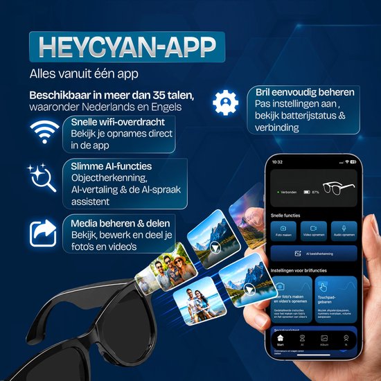 Asawa Smart Bril met Camera - AI Smart Glasses - Slimme Bril met 8MP Camera - Ai bril - 3 Sets glazen - Inc. Oplaadhoes - Spycam - Spy Camera WiFi met NL App — afbeelding 4