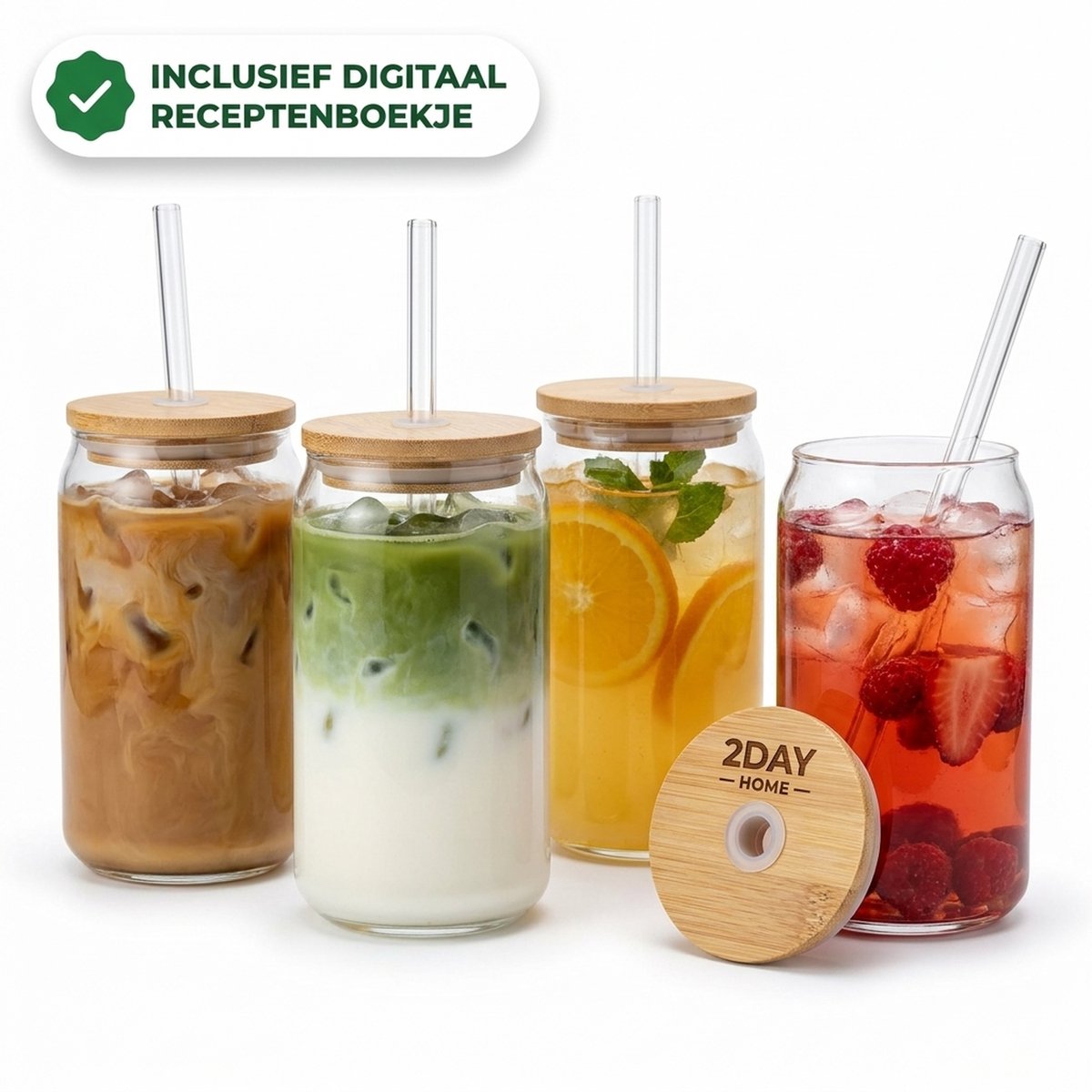 2Day Home - Drinkglazen met Deksel en Rietje - Iced Coffee Glazen - 4 Stuks - 475 ml - Incl. Receptenboek - Bamboe