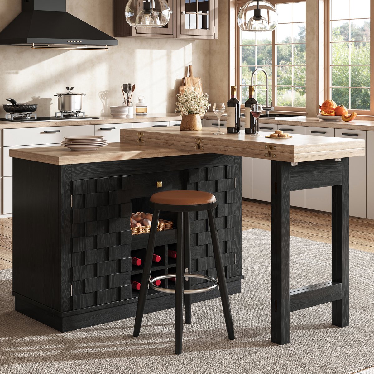 Keukenkast Met 360 Graden Draaibare Uitschuifbare Tafel - Voor Keuken En Eetruimte - MDF - Zwart - 120 Tot 197 Cm