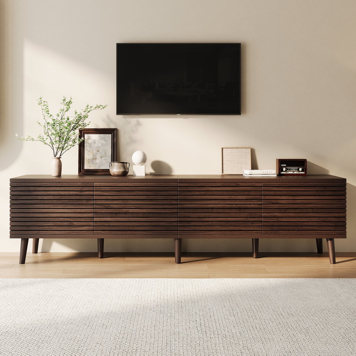 Tv Meubel Met 4 Deuren En Kabeldoorvoer Voor Woonkamer Walnootkleur 180 X 40 X 46 Cm Voor Tv Tot 75 Inch