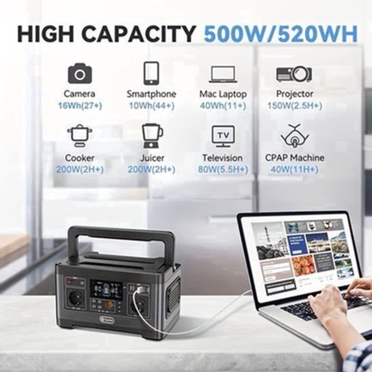 Draagbare Generator – Powerstation – Noodstroomvoorziening – Camping Accu – Mobiele Energiebron – 520Wh Capaciteit – Pure Sinusgolf Output – 500W Continu Vermogen