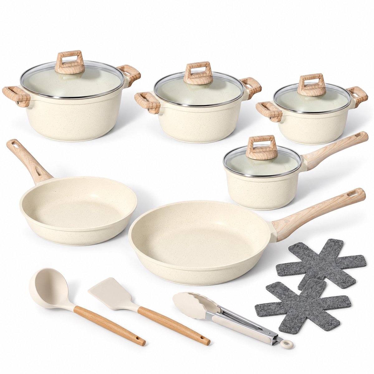 Pannenset Inductie – 15-delig – Beige – Antiaanbaklaag met Granietlook – Kookpannen, Koekenpannen en Steelpan – Met Glazen Deksels