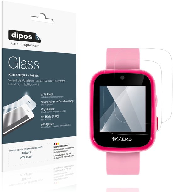 Twee screenprotectors voor de Tikkers ATK1084 smartwatch, eenmaal geplaatst op de roze smartwatch.