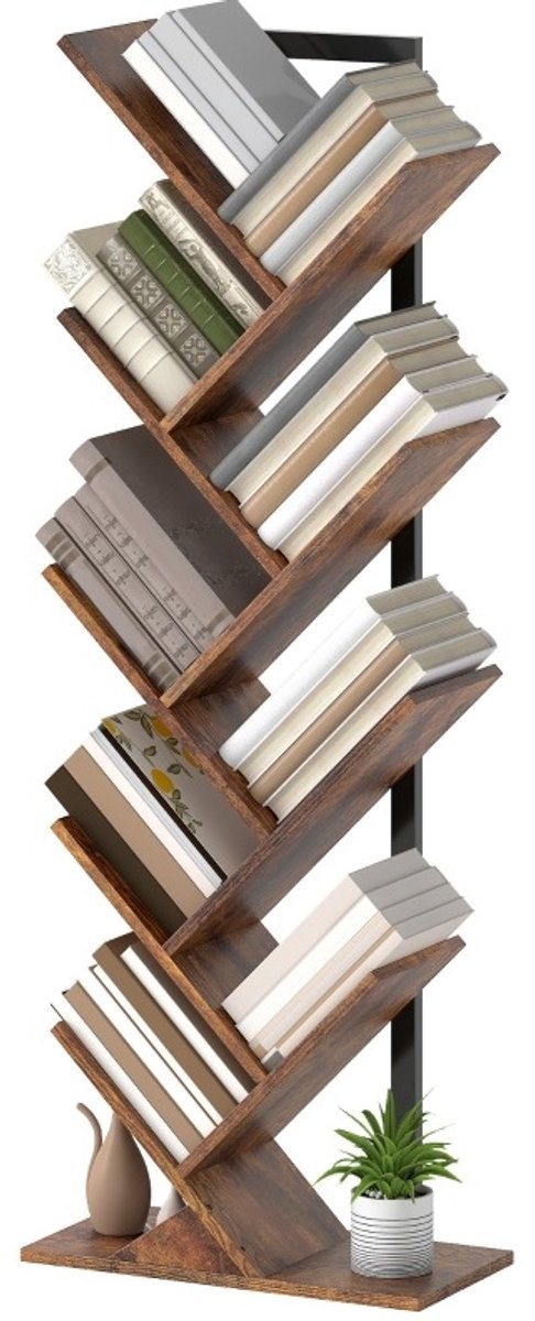 MODFU Boekenkast - Boomvormig - Negen Planken - Houten - Rustiek Bruin - 50 X 24 X 136 Cm