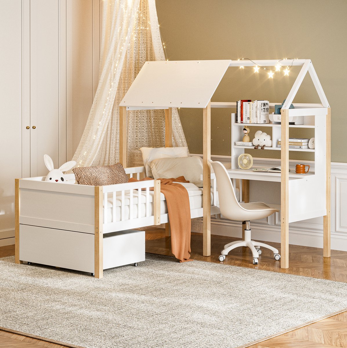 COVREO Halfhoogslaper met bureau – 205x178x164,5 cm – Kinderbed met uitvalbeveiliging – boekenkast en lades – Wit - zonder matras