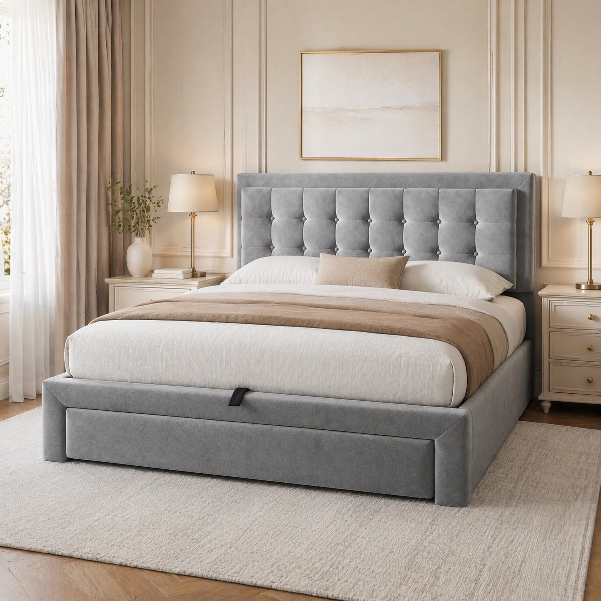 COVREO Opbergbed met lades – 140x190 cm – Tweepersoons frame met lattenbodem – Verstelbaar hoofdbord – Grijs - zonder matras