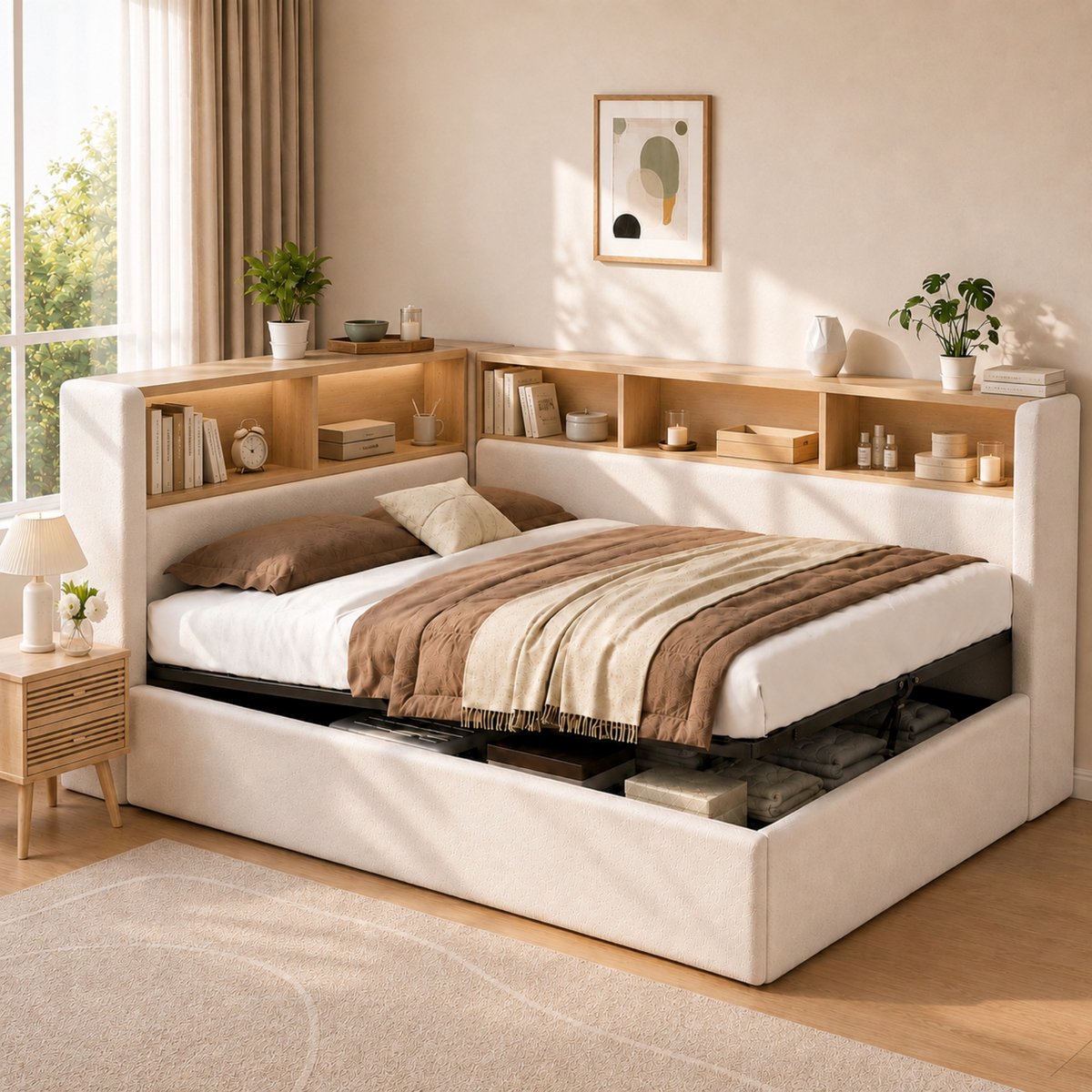 Bedbank 140x200 Cm Met Hydraulische Opbergruimte Zonder Matras Met Led Verlichting Usb En Opbergvakken Samt Beige