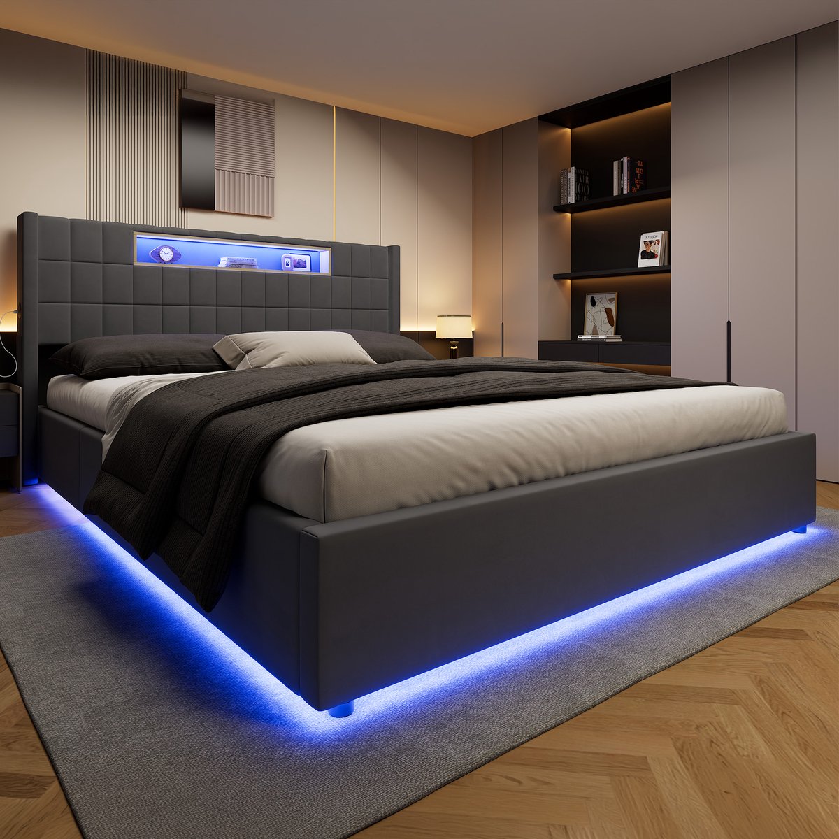 FloraGrace Gestoffeerd Bed 180x200cm - Hydraulisch Bed met LED Verlichting en Oplaadpunt - Met Opbergruimte - Fluweel - Donkergrijs