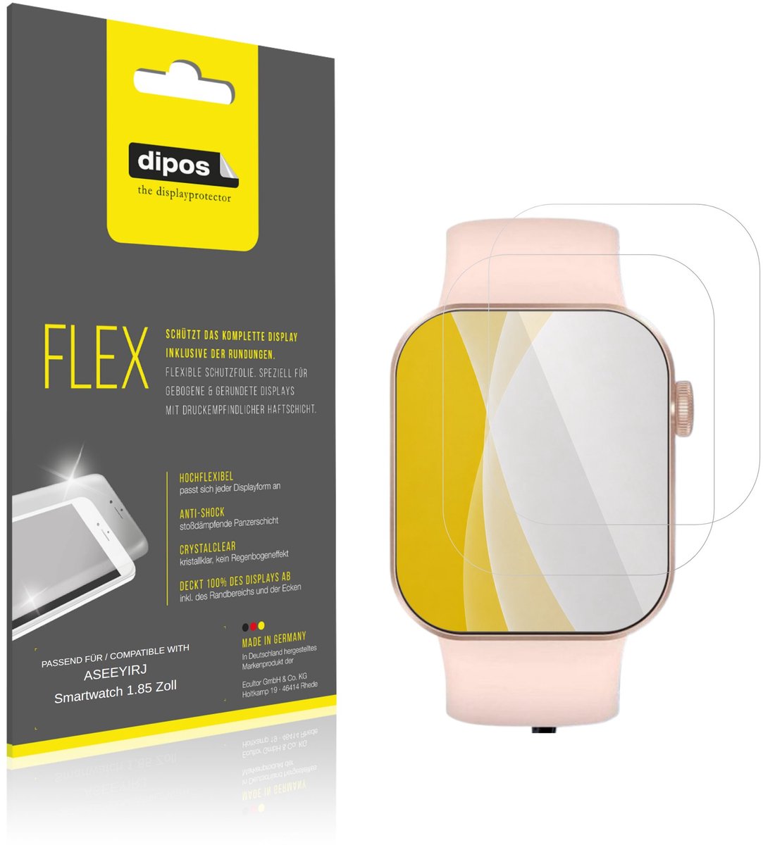 dipos – 2x Beschermfolie geschikt voor ASEEYIRJ Smartwatch 1.85 Zoll | 3D Full Cover Screenprotector | 100% Passend