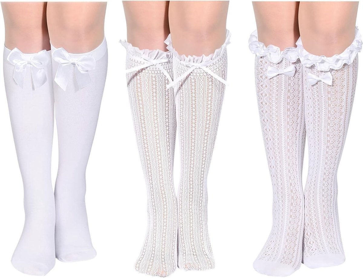 Vrouwelijke Kostuumkousen in Wit, 40 cm, Perfect voor Oktoberfest en Feestelijke Gelegenheden met Strikjes