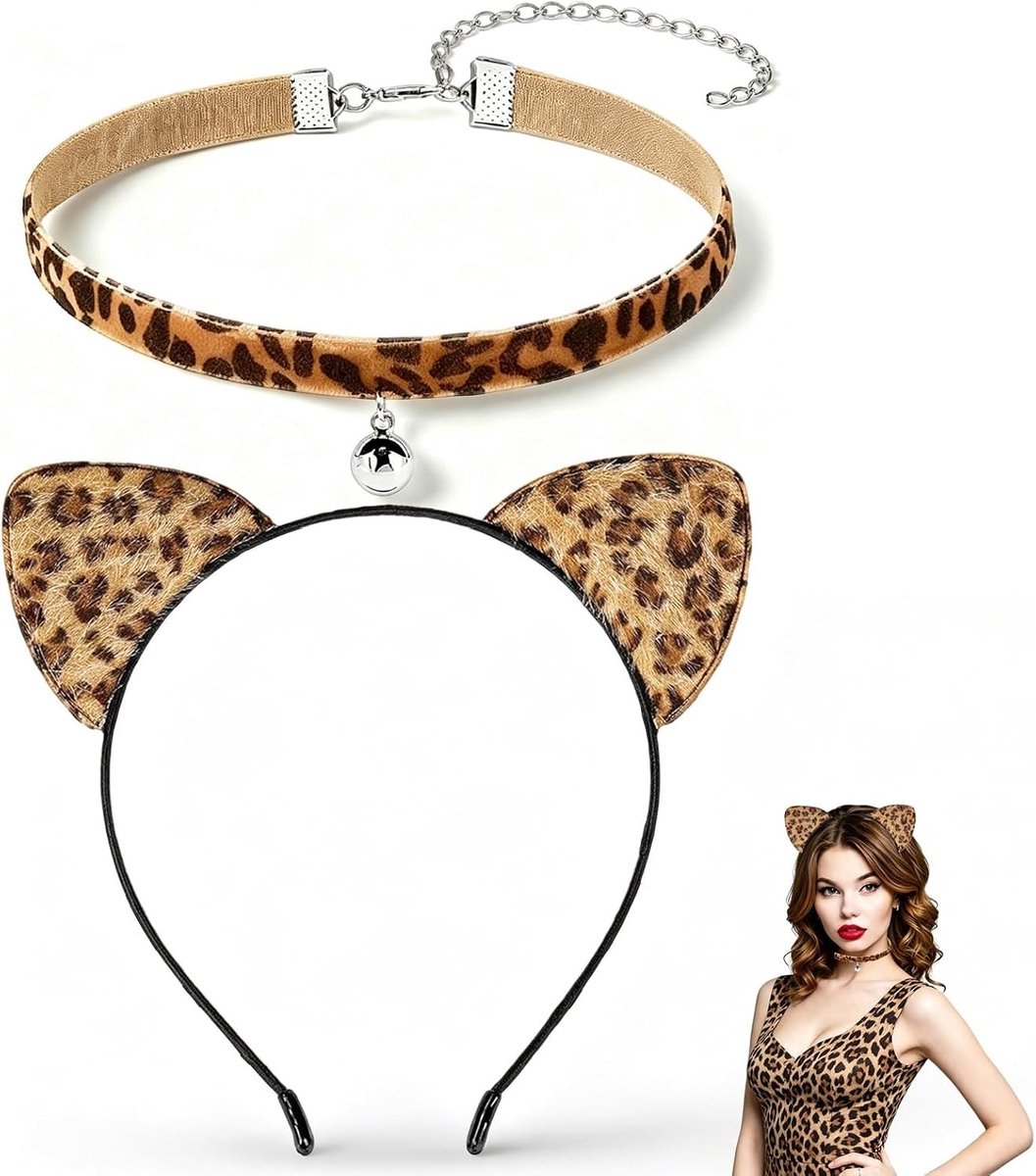 Set van 2 Luipaard Oren met Haarband en Halsketting - Dierlijk Patroon Accessoires voor Feestjes en Kostuums