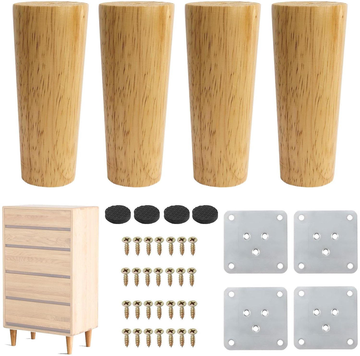 4 Stuks 12cm Meubelpoten van Hout Sofapoten Vervanging Houten Meubelpoten Massief Taps Houten Rechtdoor Bankpoten met Montageplaat Schroeven en Antisl