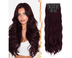 BARSDAR 60cm Synthetisch Golvende Donker Bordeaux Clip in Haarverlenging