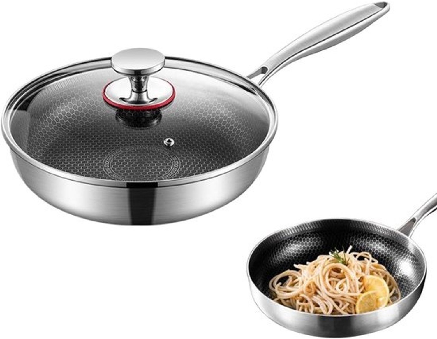 Koekenpan Antiaanbak - Koekenpan met Deksel - Keuken Maaltijdbereiding - Krasbestendig Roestvrij Staal - 26 cm - Zilver