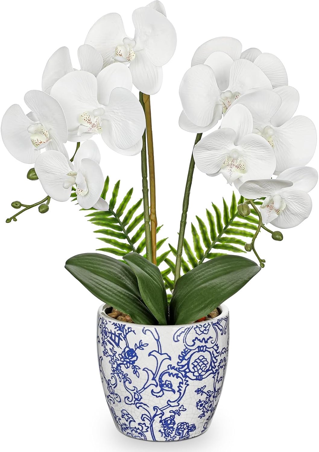 Oairse Orchid Artificial Flowers Potted 59.8cm White Orchid with Blue and White Ceramic Pot Fake Orchid Plant Silk - ShopVlot
