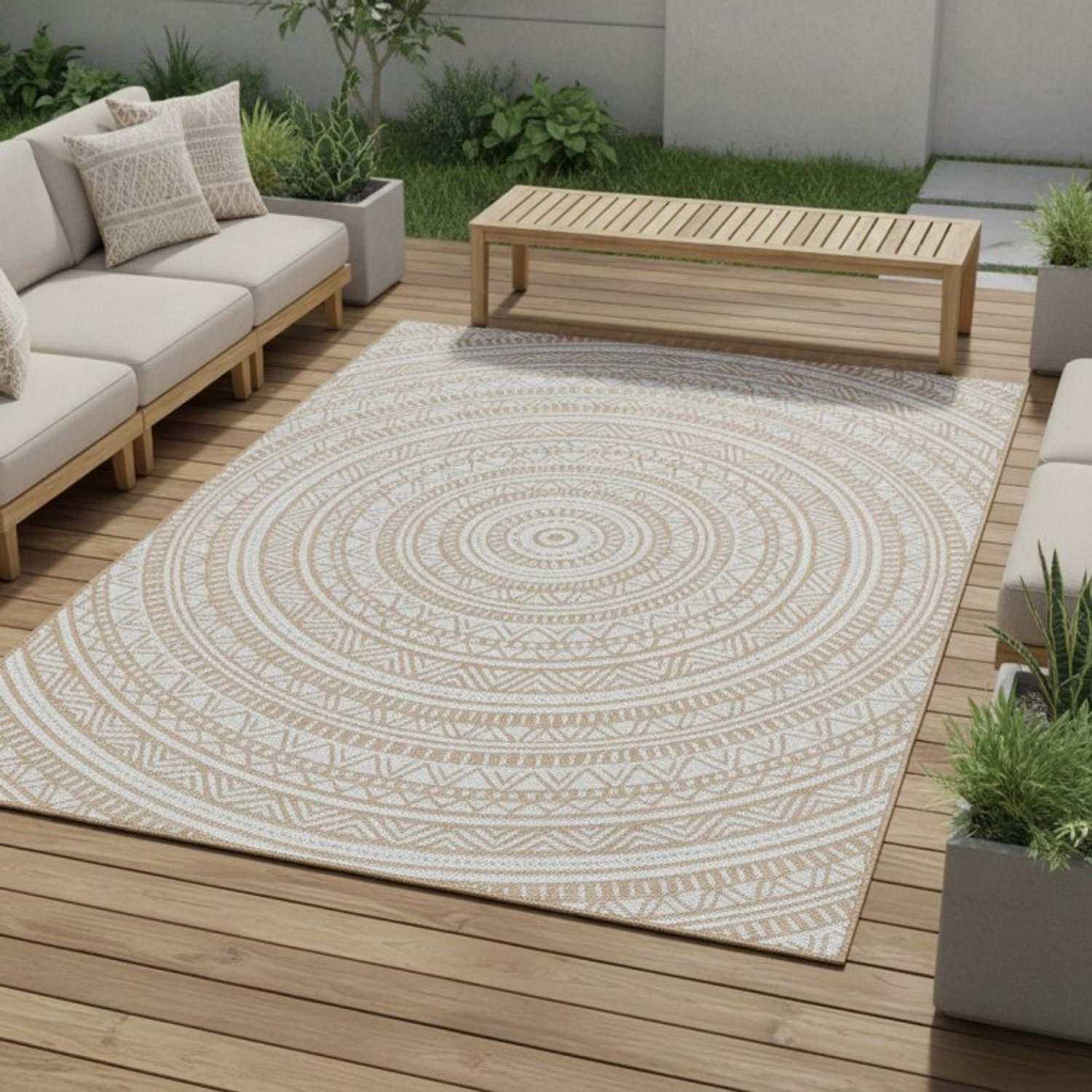 TapisTrend Designer tapijt Naturel 140x200 cm Etnisch mandala- met sisal-effect, geschikt voor binnen- en buitengebruik, voor de woonkamer, het terras, het balkon