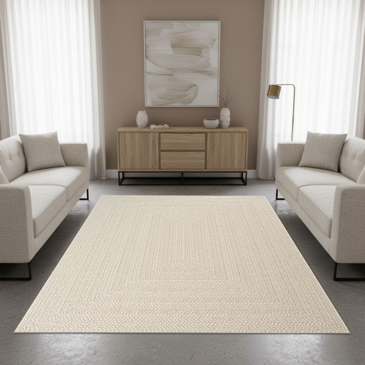 TapisTrend Designer tapijt Crème 200x290 cm Modern vloerkleed Jute met gevlochten effect en concentrische geometrische vormen voor woonkamer, slaapkamer en eetkamer
