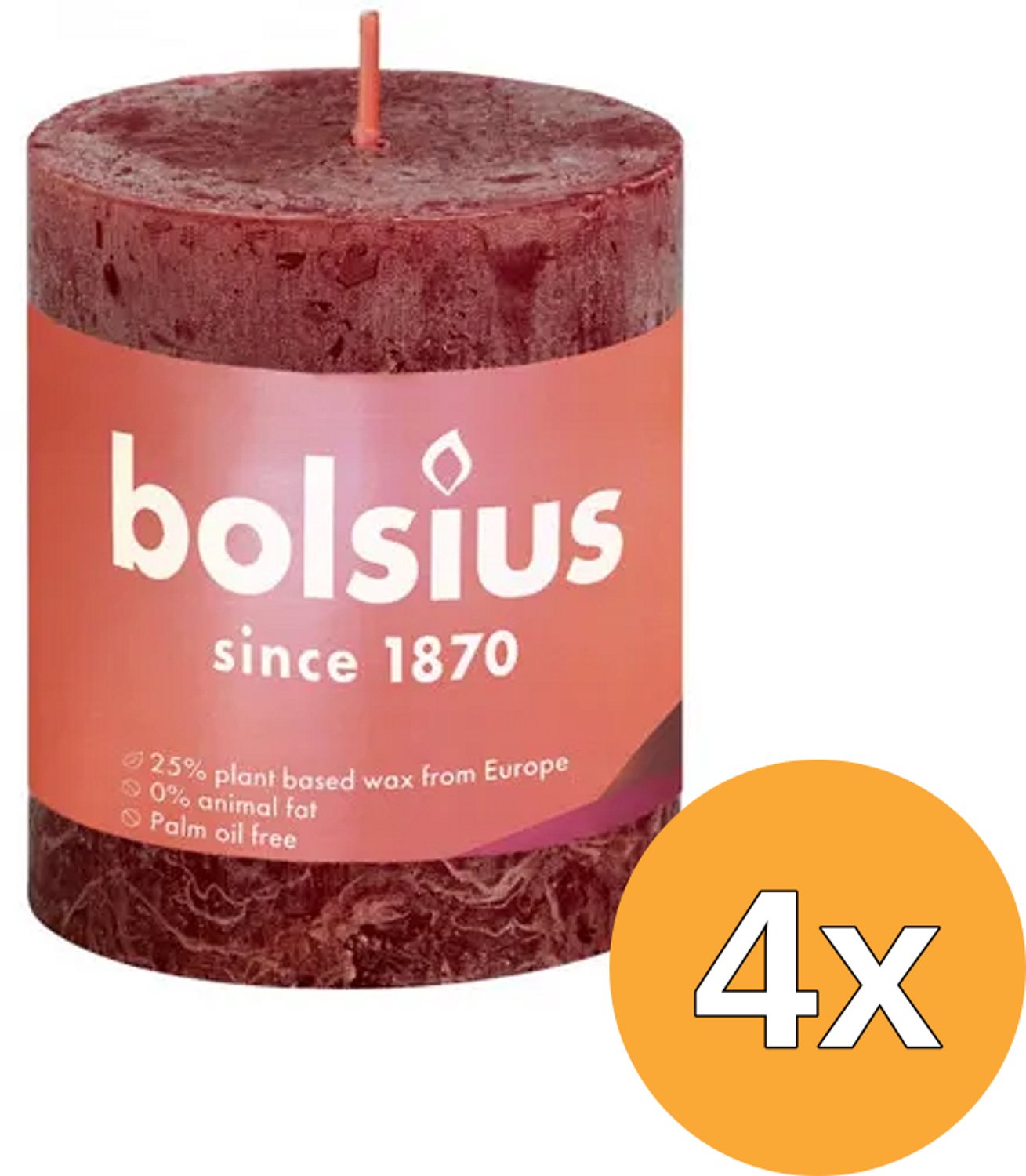 Bolsius Stompkaarsen Shine 4 st rustiek 80x68 mm fluweelrood