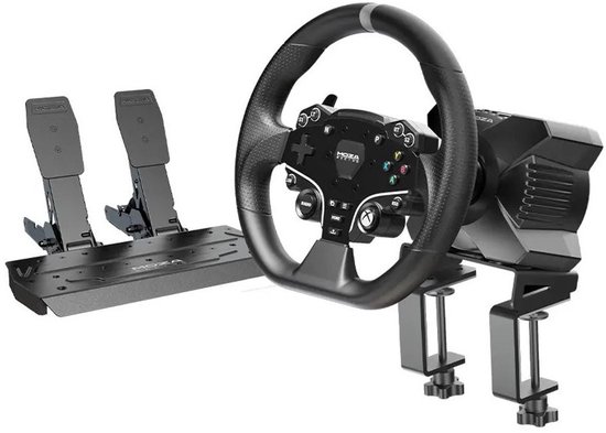 Zwart racestuur met twee zwarte pedalen, bevestigd met klemmen.