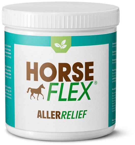HorseFlex AllerRelief pot met bruine tekst, groene bladeren en paard silhouet.