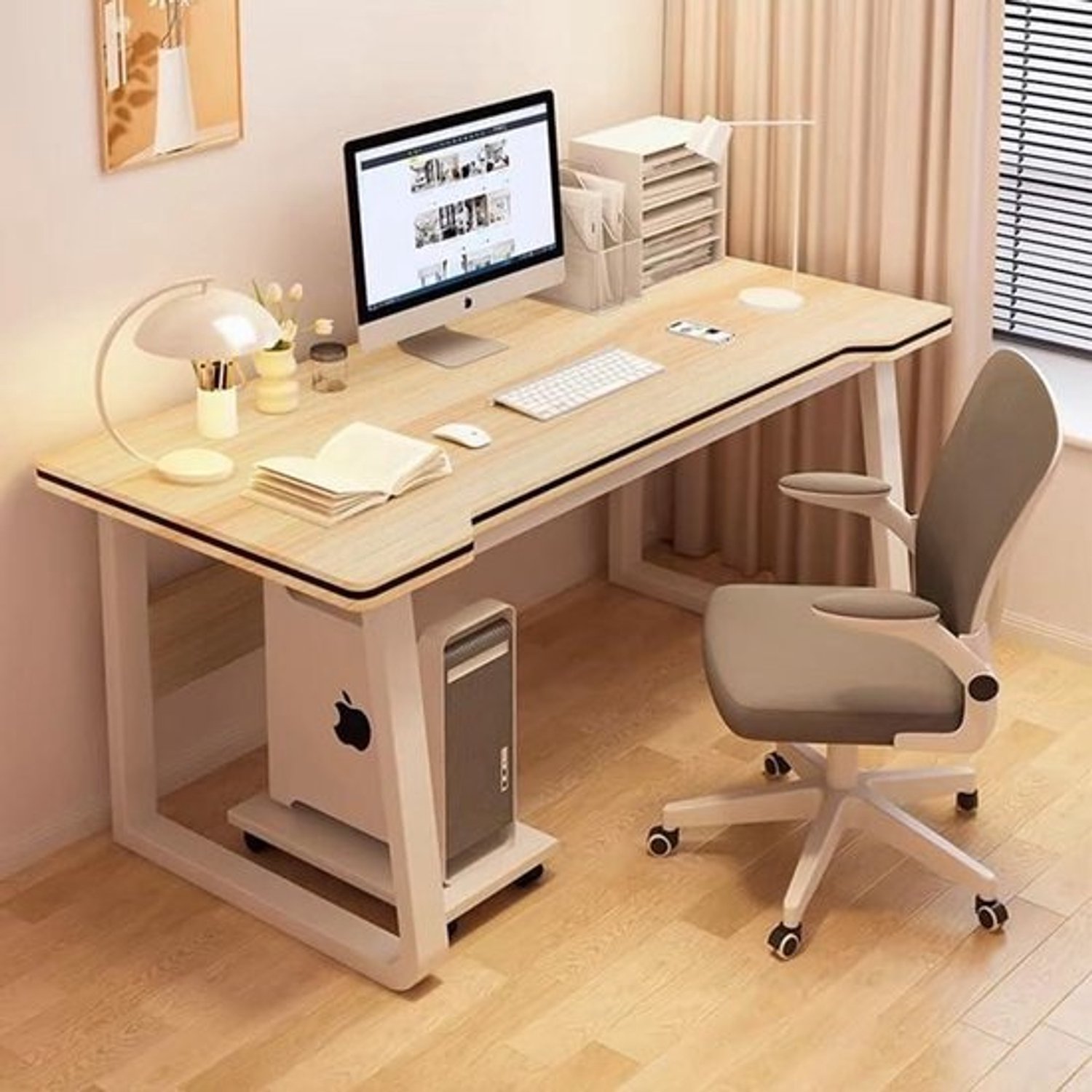 Gaming Bureau - PC Tafel Studenten - Thuiswerken Gamen - Versterkt Dubbele Bar Frame - 80x50cm - Natuurlijk Lichtbruin
