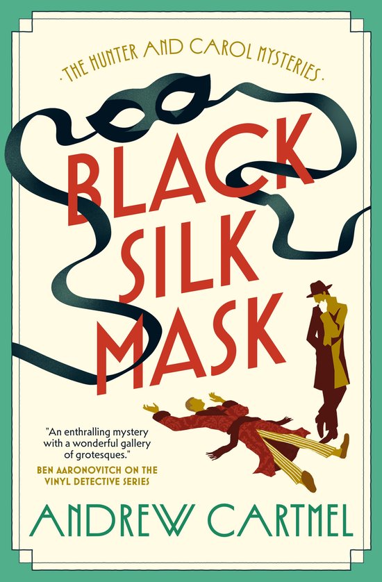 Boekcover met rode tekst 'BLACK SILK MASK' en een tekening van twee mannen, waarvan er één op de grond ligt.