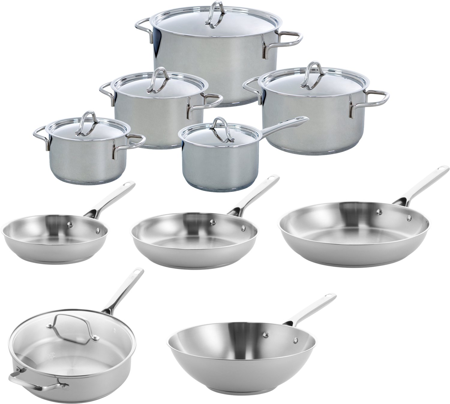 BK Profiline Pannenset 10-delig - Kookpannen 16-24cm - Koekenpan 20/24/28cm - Hapjespan 28cm/3.6L - Wokpan 28cm/4.2L - Zonder antikleeflaag - Pannenset inductie - RVS pannenset - Ovenbestendig tot 230°C - Met RVS deksel - Zilver