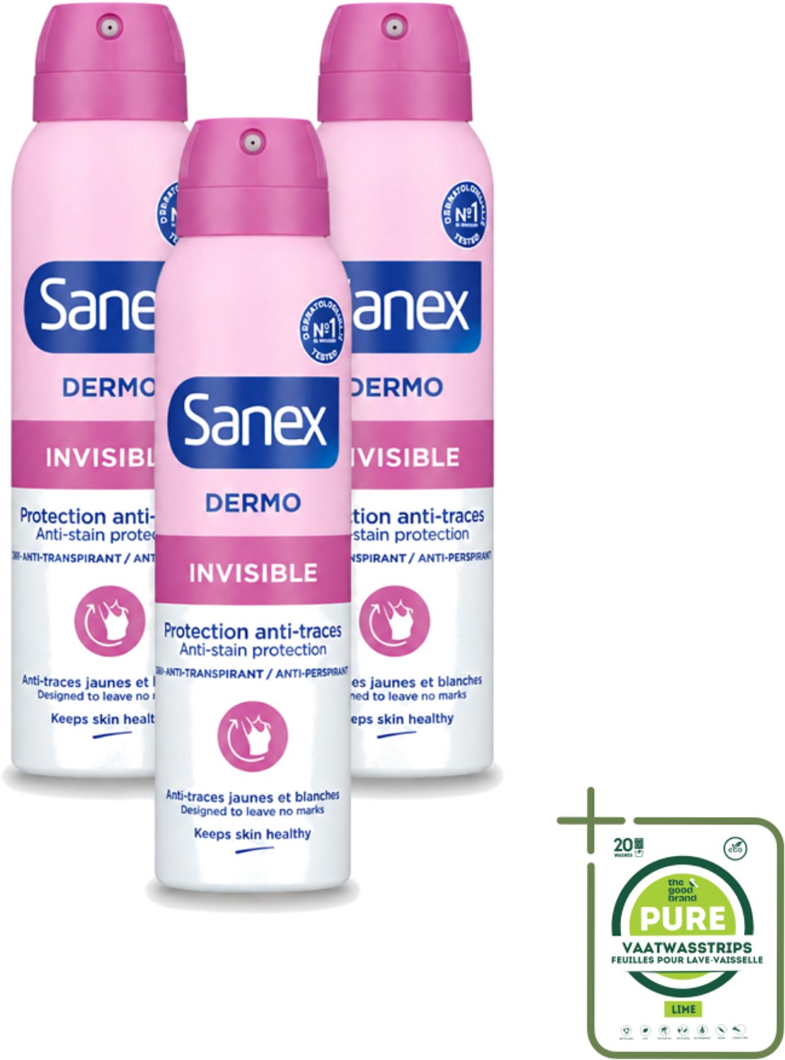 3 x Sanex – Deodorant Spray – Dermo Invisible – 150 ml - Grootverpakking - Vaatwasstrips - Onzezichtbare Deodorant - Deodorant Spray - Transpiratieregulatie - Huidbescherming - Strepenvoorkomend