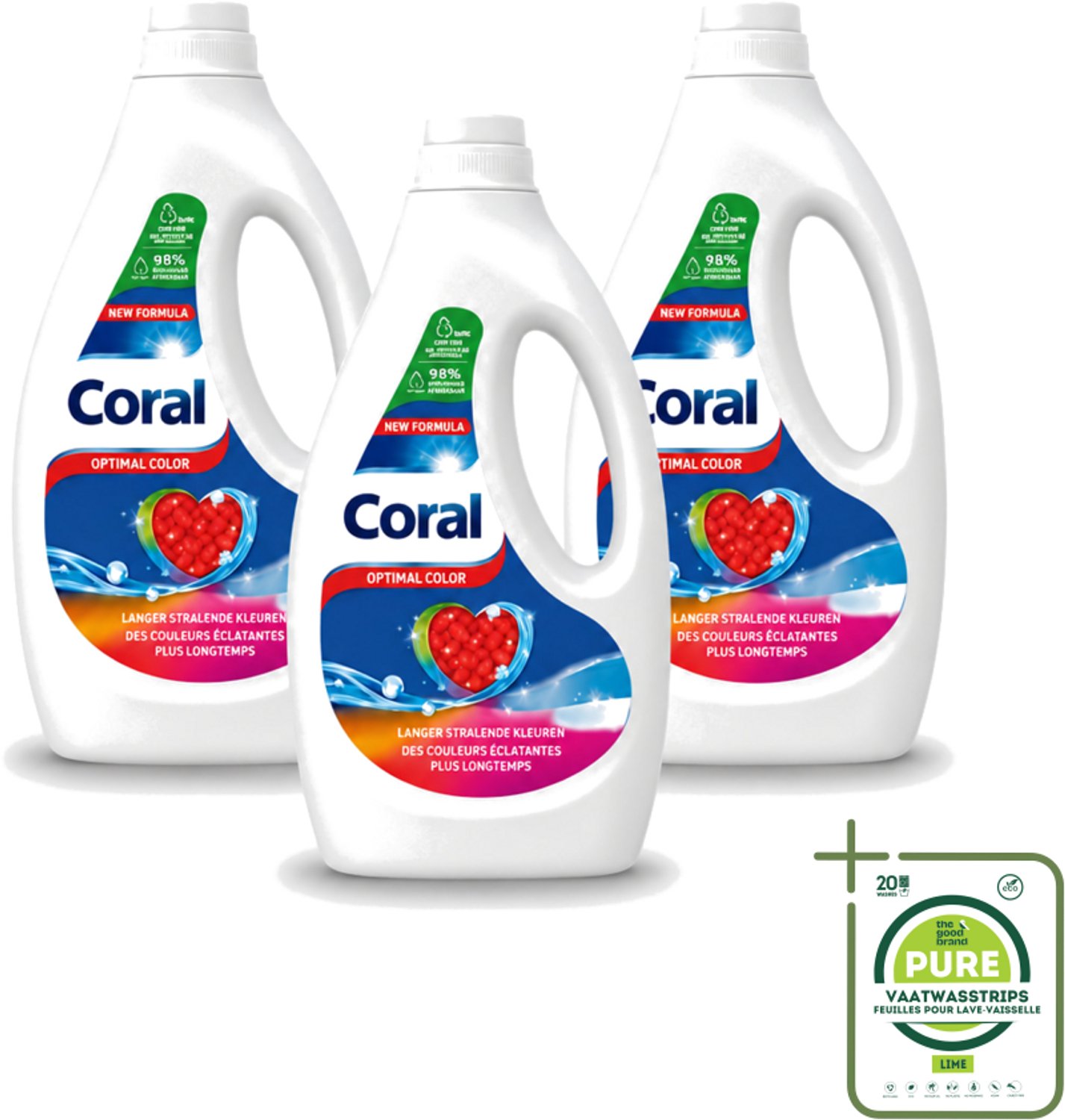 3 x Coral – Vloeibaar Wasmiddel – Optimal Color – 1170 ml - Grootverpakking - Vaatwasstrips - Kleurbehoud - Vlekverwijdering - Anti-pluis - Wasmiddel - Wasresultaat