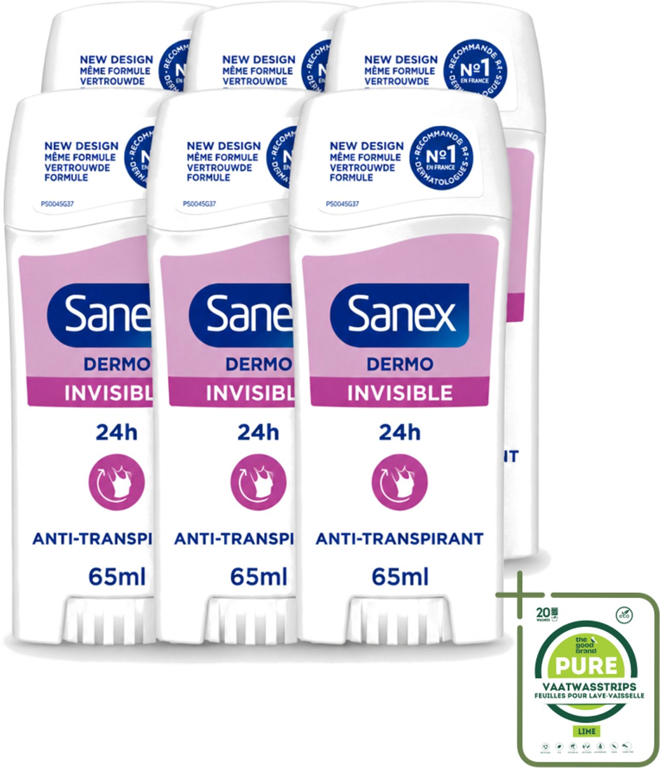 6 x Sanex – Deodorant Stick – Dermo Invisible – 65 ml - Grootverpakking - Vaatwasstrips - Onzezichtbare Deodorantstick - Deodorantstick - Onzichtbare Deodorant - Huidvriendelijke Deodorant - Frisheid