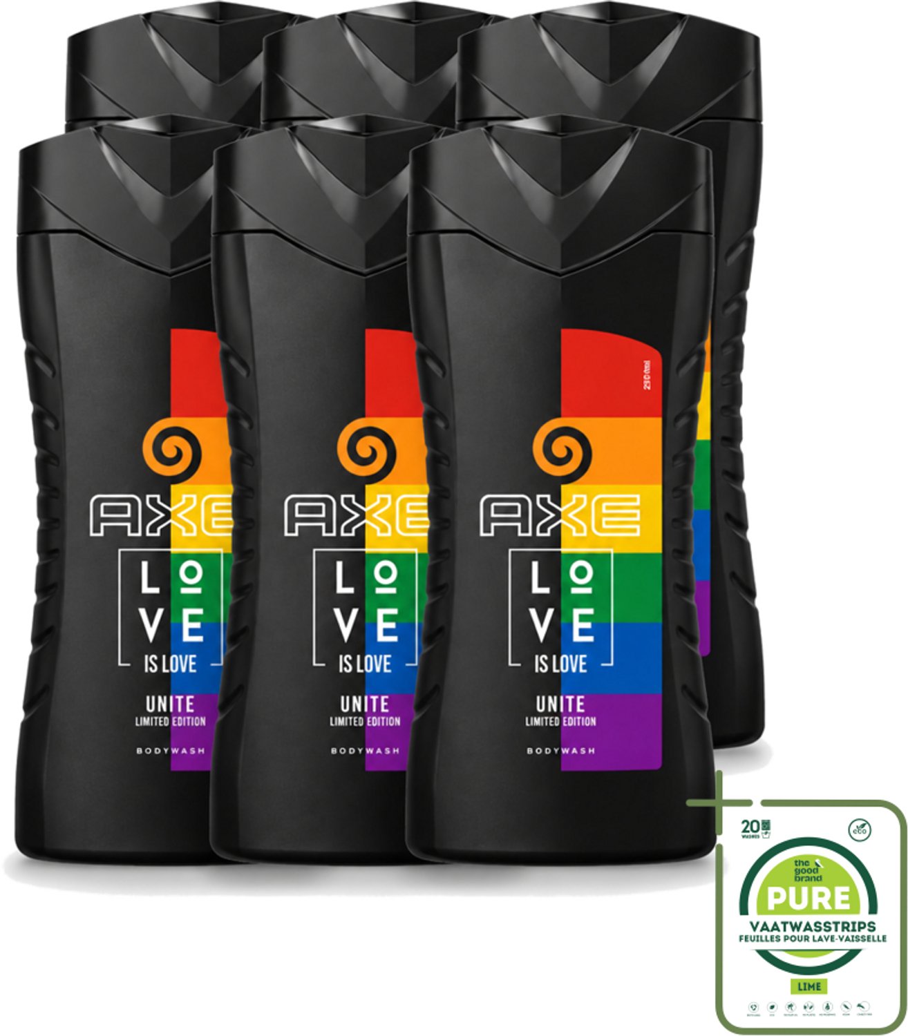 6 x AXE – Bodywash – Unite Love Is Love – 250 ml - Grootverpakking - Vaatwasstrips - Douchegel - Africa - Frisheid - Schuim - Reiniging