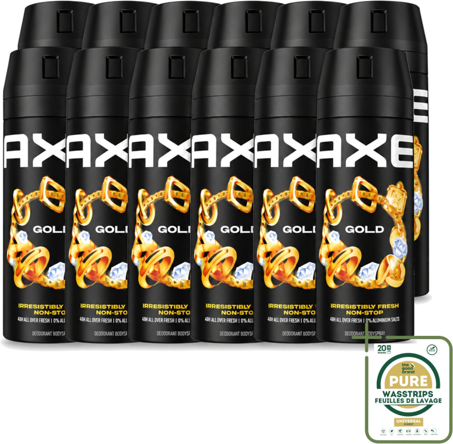 12 x Axe - Deodorant Bodyspray - 48hrs Fresh - Gold - Oud Wood & Fresh Vanilla - 150 ml - Wasstrips - 48 Uur Geurbeleid - Deodorant Bodyspray - Oud Hout Geur - Donker Vanille - Geurbestrijdende Zinktechnologie