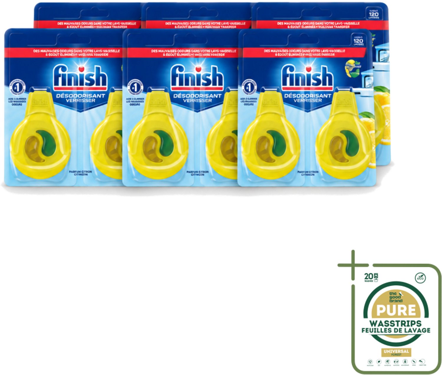 6 x Finish Deo Odorstop - Vaatwasverfrisser - Citroen Parfum - Anti-geur - Tot 120 Afwasbeurten - Wasstrips - Vaatwasverfrisser - Geurbeheersing - Citroengeur - Anti-geur - Vaatwasser Geur