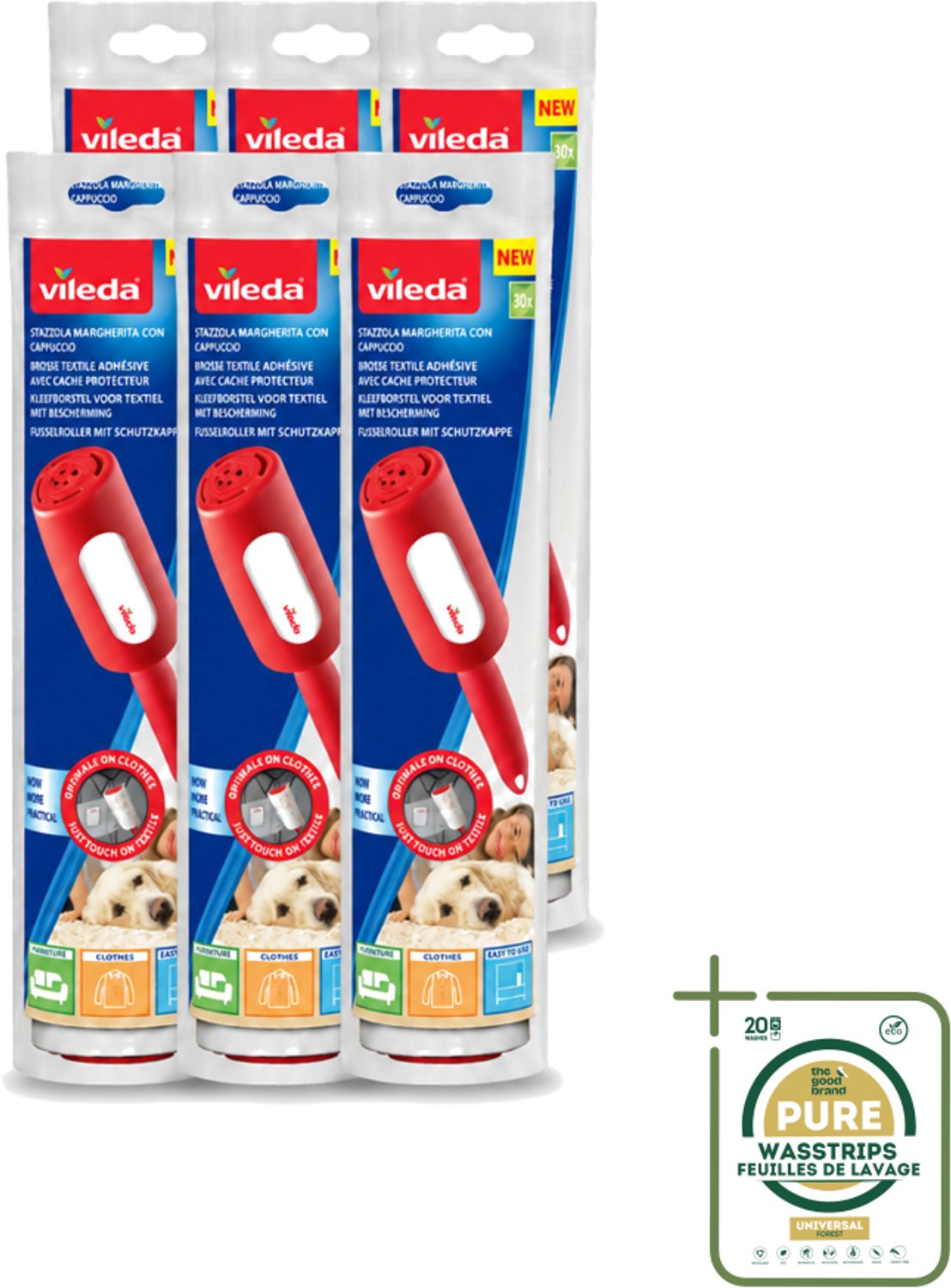 6 x Vileda - Lintroller - Pluisverwijderaar - Inclusief Beschermkap - 30 Vellen - Pluisverwijderaar - Pluisjes Verwijderen - Stofdeeltjes Verwijderen - Haren Verwijderen - Textiel Reinigen