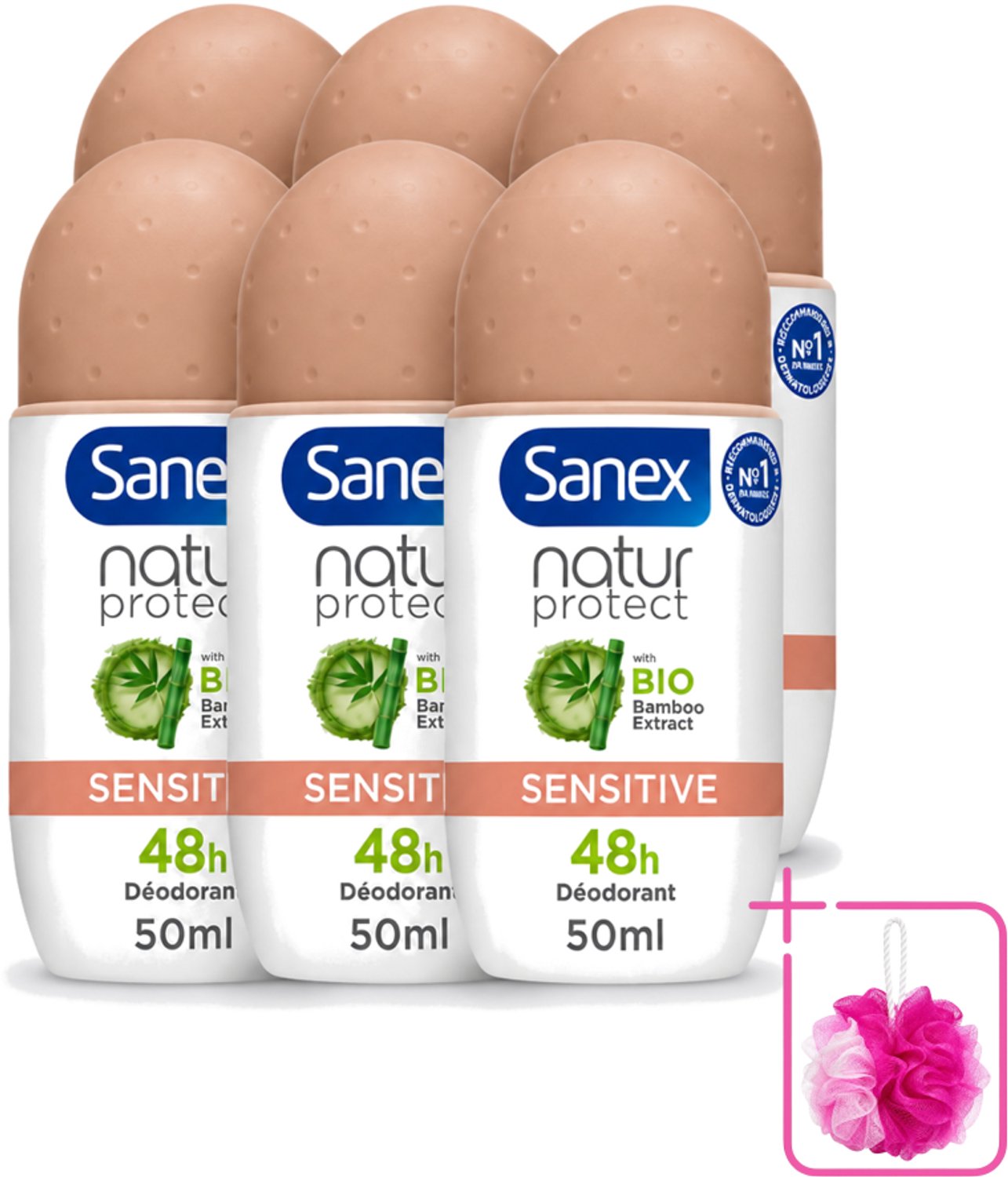 6 x Sanex – Deodorant Roll-On – Natur Protect Sensitive – 50 ml - Bulkverpakking - Gevoelige huid - Douchemop - Deodorant roll-on