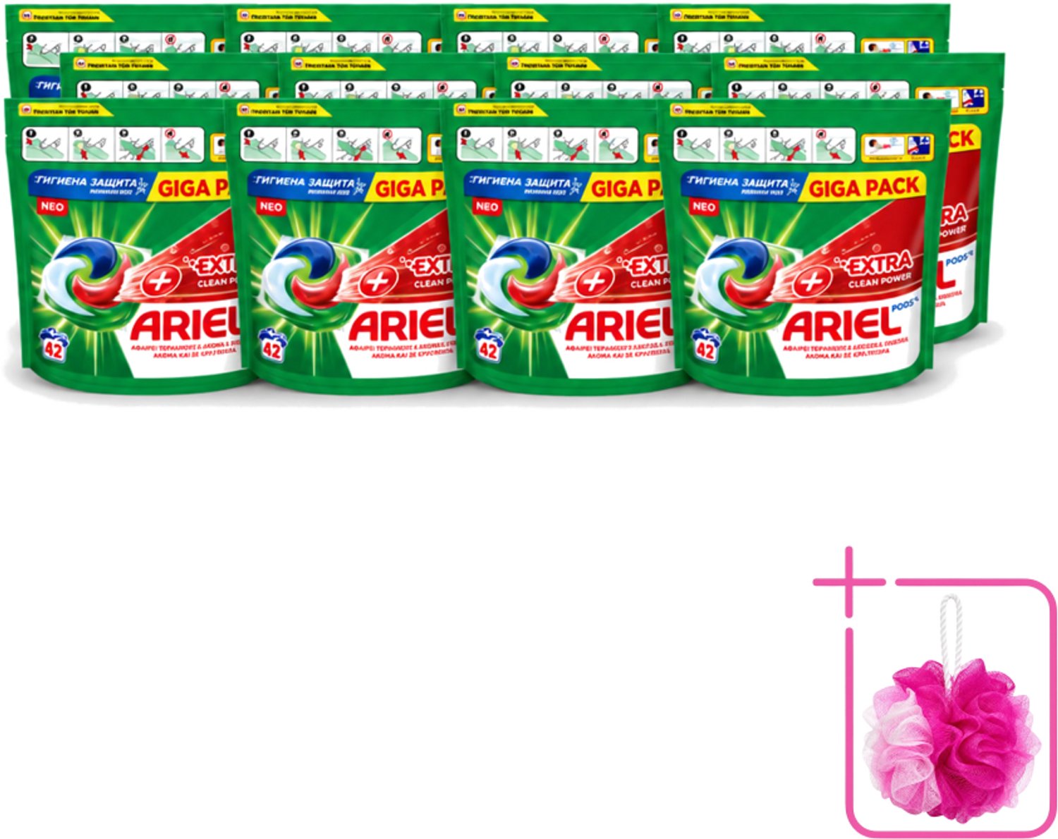 12 x Ariel – Pods – Clean Power Extra Schoon – 42 wasbeurten - Bulkverpakking - Ariel Clean Power Pods - Douchemop - Extra schoon pods