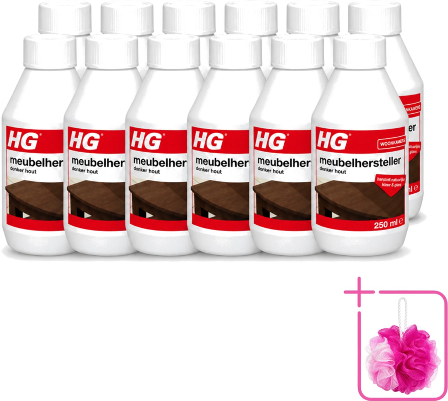 12 x HG - Meubelhersteller - Donker Hout - Herstelt Natuurlijke Kleur & Glans - 250 ml - Bulkverpakking - Meubelhersteller - Douchemop - Donker hout